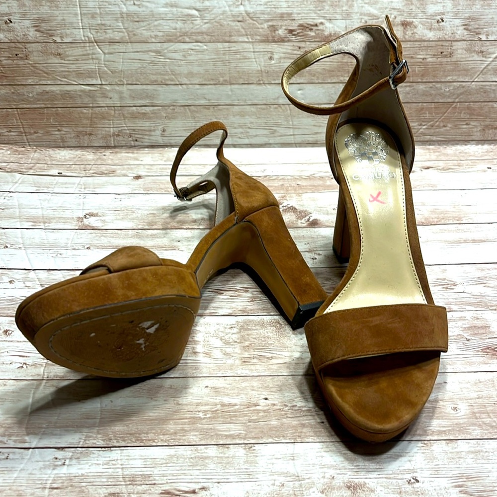 Vince Camuto Camel Color Suede 4-1/2” Blocky Heels with ankle Strap Open Toe